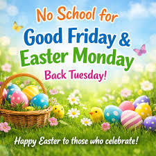 An Easter graphic with a basket of colorful eggs, butterflies, and chicks on a green lawn with white and yellow flowers.