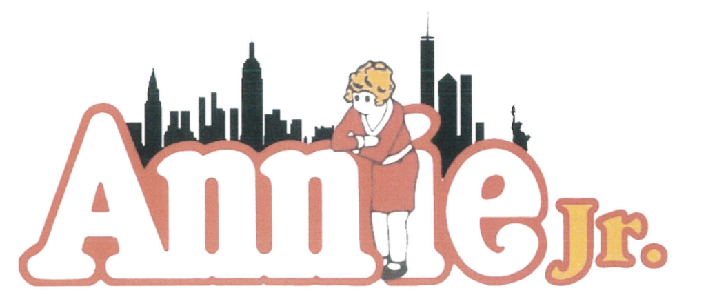 Logo for Annie Jr. with a blonde character in red dress in front of a city skyline.