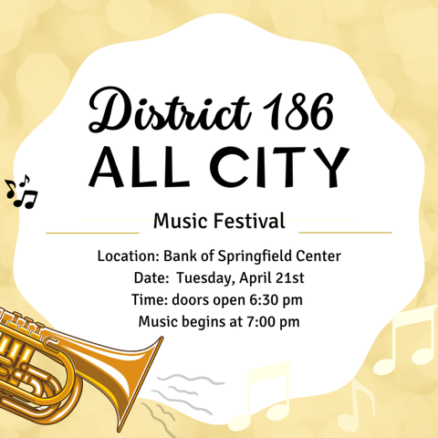 An event poster for District 186 ALL CITY Music Festival. It includes a trumpet image, music notes, and details.