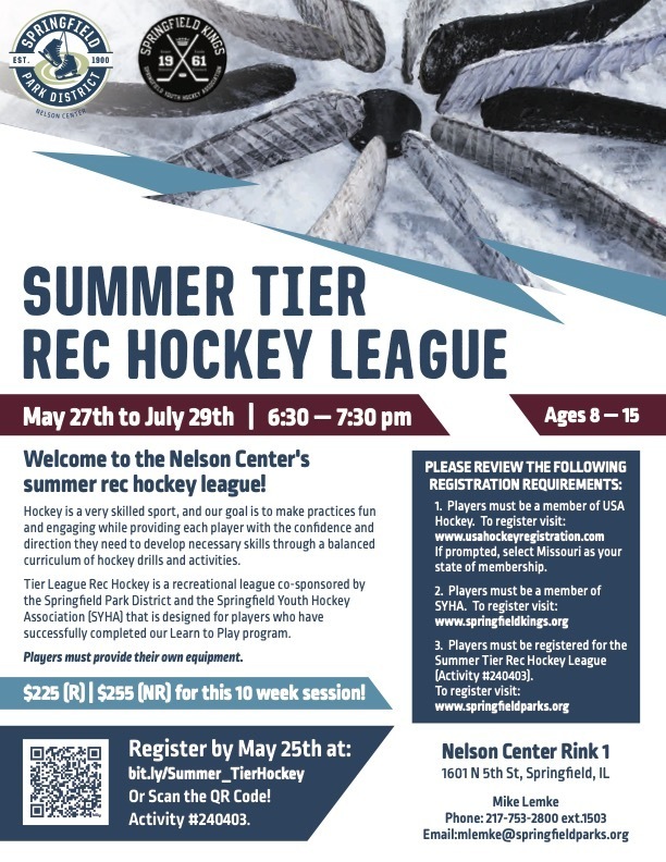 Flyer for the Summer Tier Rec Hockey League. Dates: May 27th to July 29th. Times: 6:30-7:30 pm. Age group: 8-15.