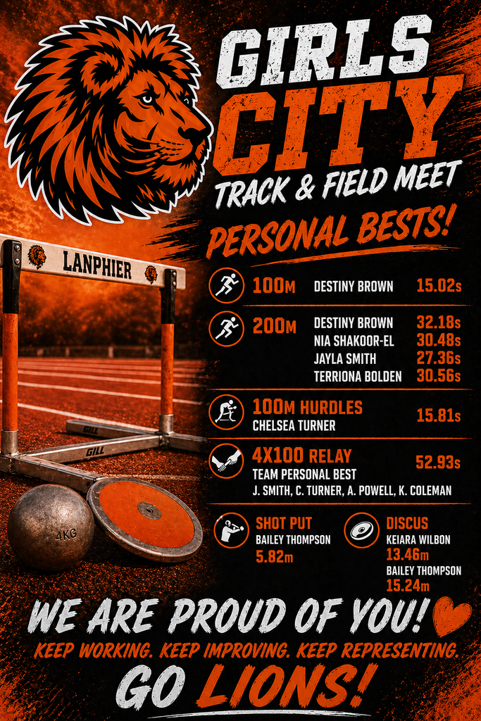 Poster with a lion head, a track, and hurdles. Includes text "Girls City Track & Field Meet Personal Bests!" and results for athletes.