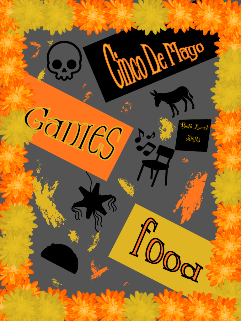 Collage with text: "Cinco De Mayo", "Ganites", "food", and a skull. Other images include a goat, a chair, a flower, and a spider.