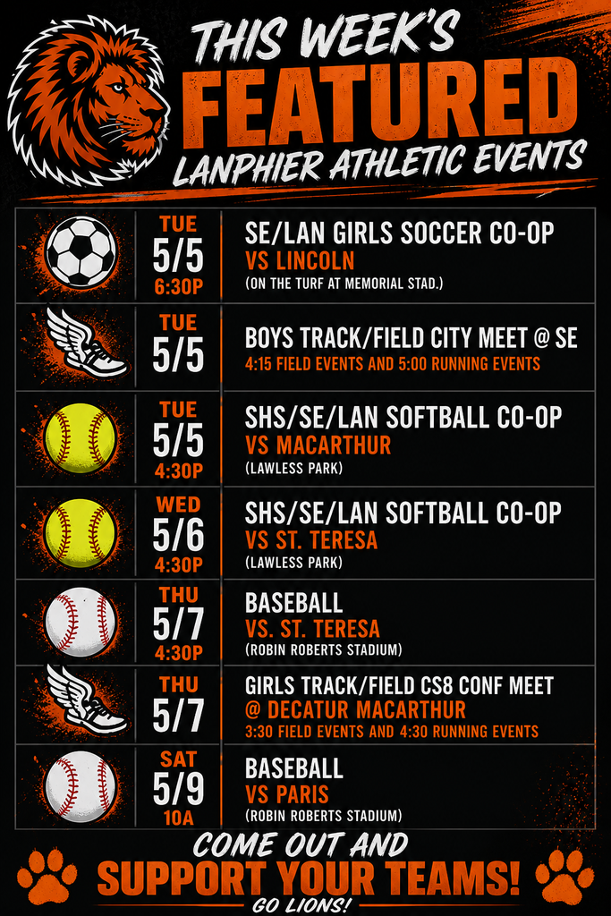 A graphic lists athletic events for the week. It includes soccer, track, and softball games. Logos, icons, and paw prints are featured.
