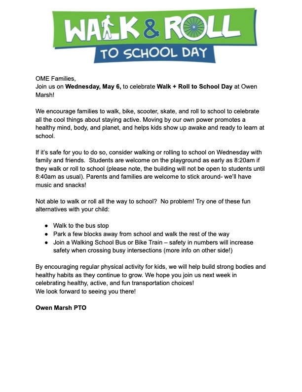 A flyer with green and white text. It says "Walk & Roll to School Day" and provides information about the event.