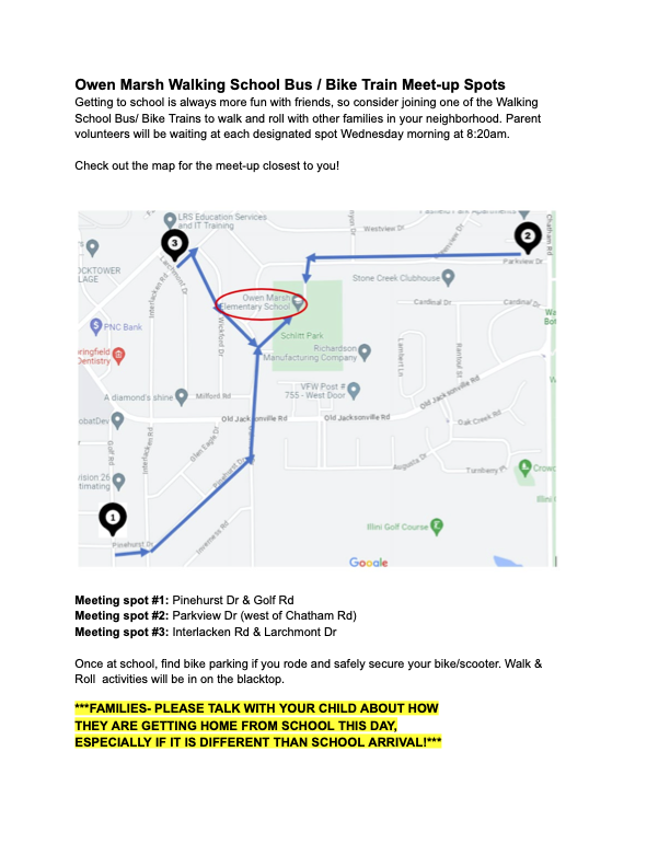 Document shows map with highlighted area. Text reads "Owen Marsh Walking School Bus/Bike Train Meet-Up Spots".