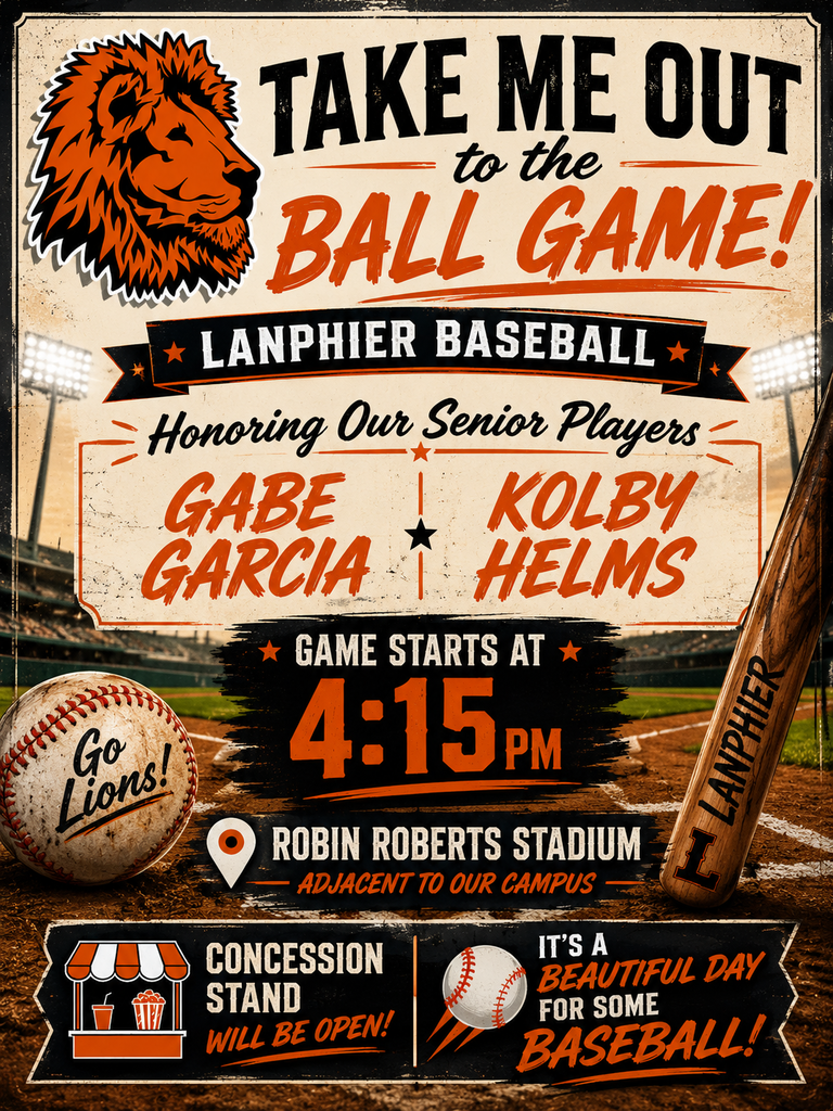 Poster invites fans to a baseball game. Features a lion logo, names of senior players, and a baseball field.