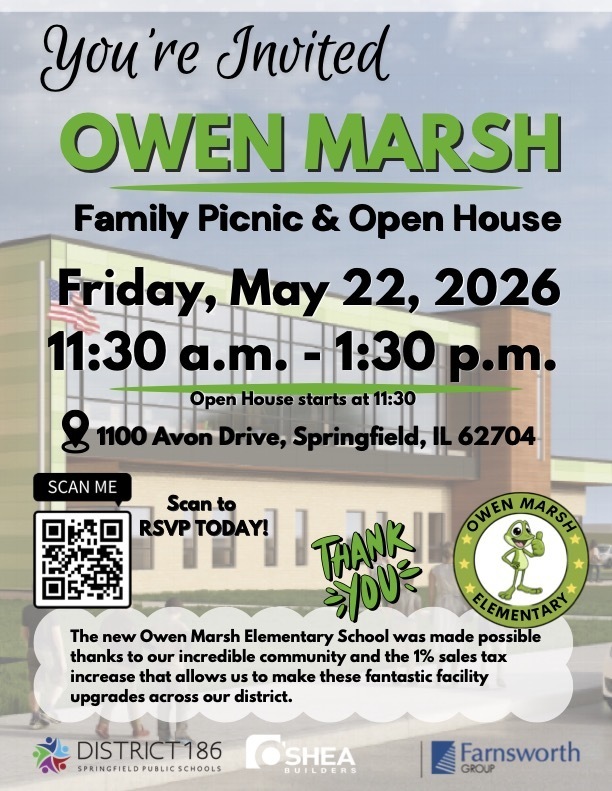 Poster invites attendees to Owen Marsh Family Picnic and Open House on Friday, May 22, 2026, from 11:30 a.m. to 1:30 p.m.