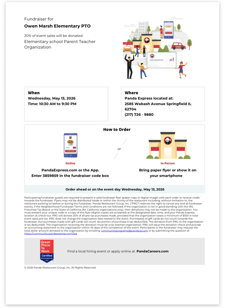 Fundraiser for Owen Marsh Elementary PTO. Event on May 11, 2024, 10:30 AM to 3:30 PM at 2545 Washbach Avenue, Springfield. PandaExpress.com or App, code 550988. Bring flyer to order.