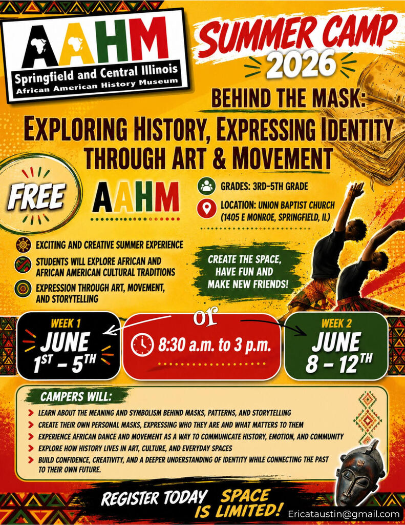 Summer Camp flyer for AHM with "Exploring History, Expressing Identity Through Art & Movement" text. Dates: June 1-5, 8-12.