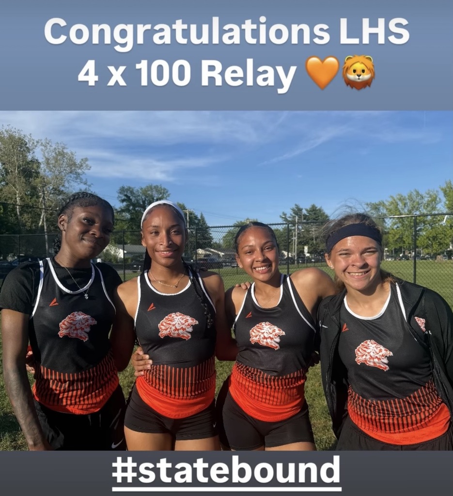 Four women in matching uniforms stand in a field. Two of them have headbands. Text reads "Congratulations LHS 4 x 100 Relay."