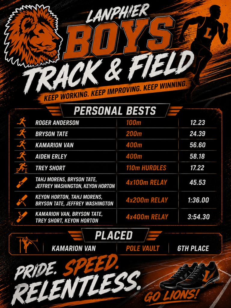 An advertisement for Lanphier Boys Track & Field displays a lion, event details, and athletes' personal bests.