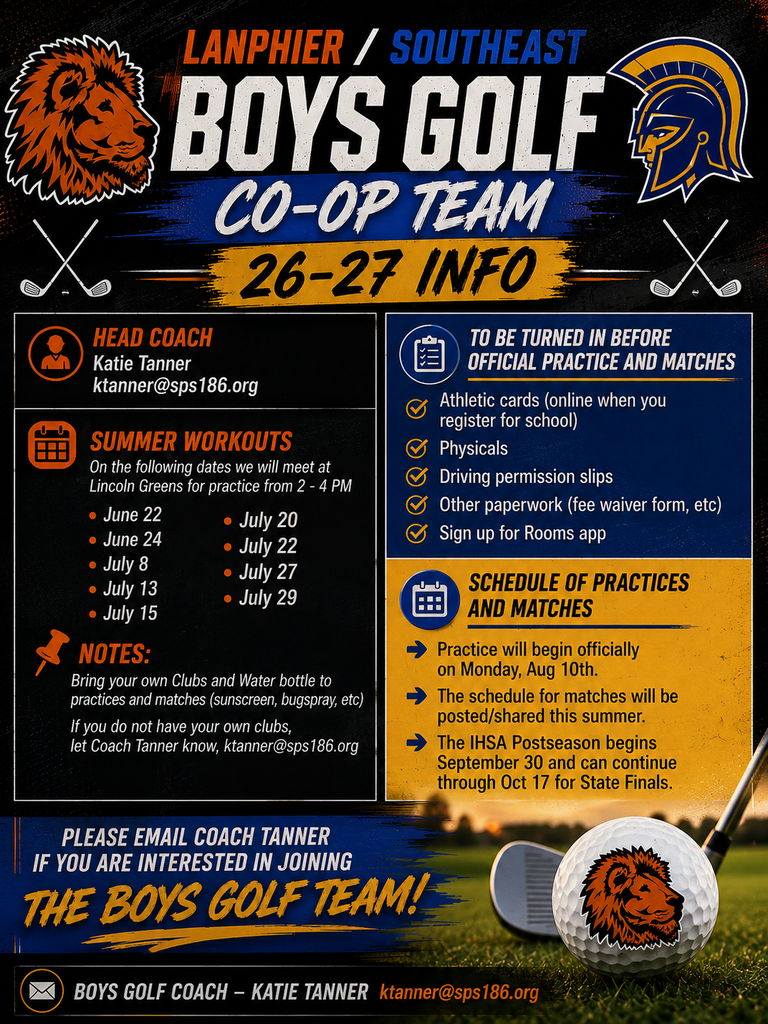 An advertisement poster for the Lanphier Boys Golf Co-op Team. It includes practice details, schedule, and coach contact info.