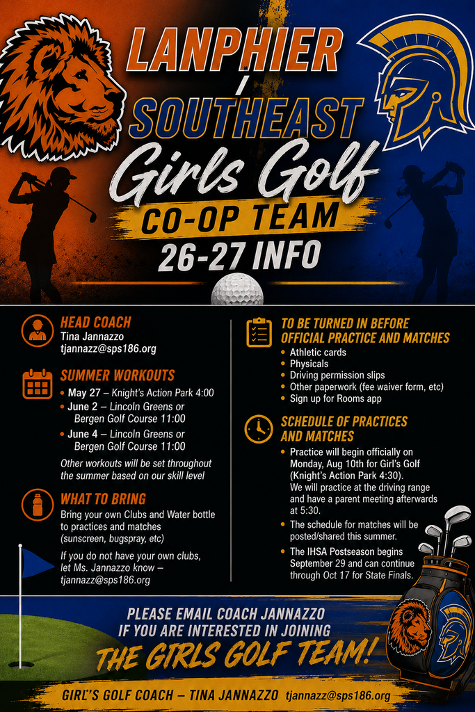 A poster with a lion logo, silhouettes of golfers, and a golf ball, featuring details for a girls' golf co-op team.
