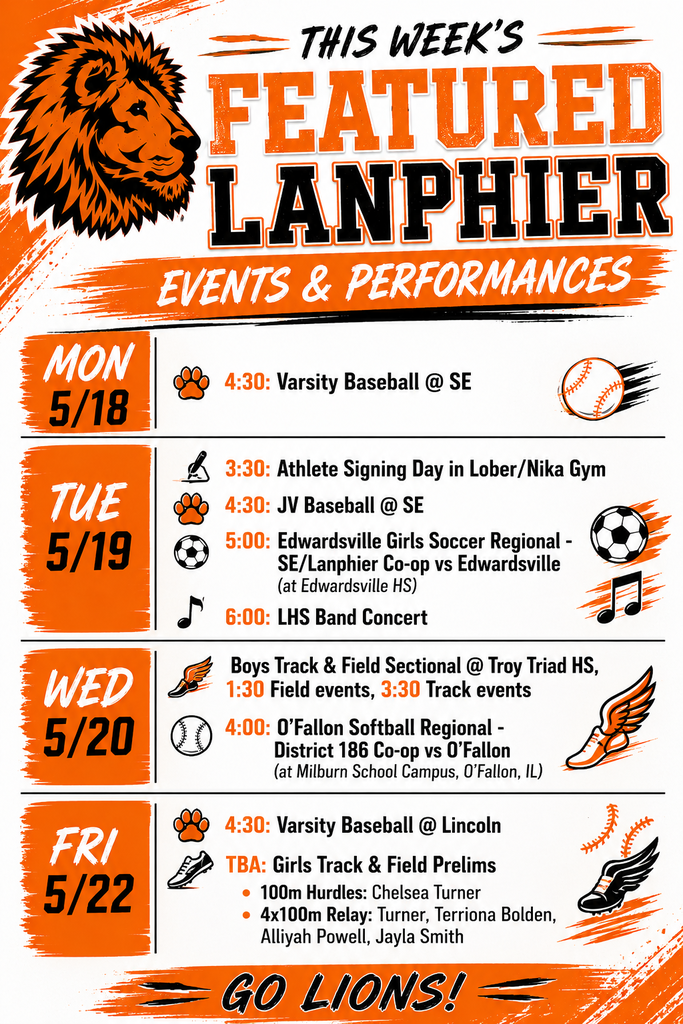 An event flyer with a lion logo. Events listed are: Varsity Baseball, Athlete Signing Day, Girls Soccer Regional, Band Concert, Track & Field Sectional, Softball Co-op Regional, and Track & Field Prelims.