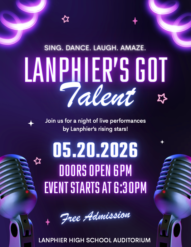 Poster for Lanphier's Got Talent event on May 20, 2026. Features two microphones, purple neon lights, and text about free admission.