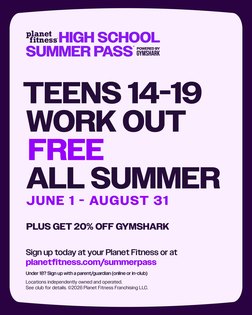 A promotional poster for a summer pass offering free workouts for teens aged 14-19 from June 1 to August 31.
