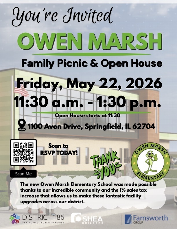 An invitation for an open house at Owen Marsh Family Picnic. The date is Friday, May 22, 2026, from 11:30 a.m. to 1:30 p.m.