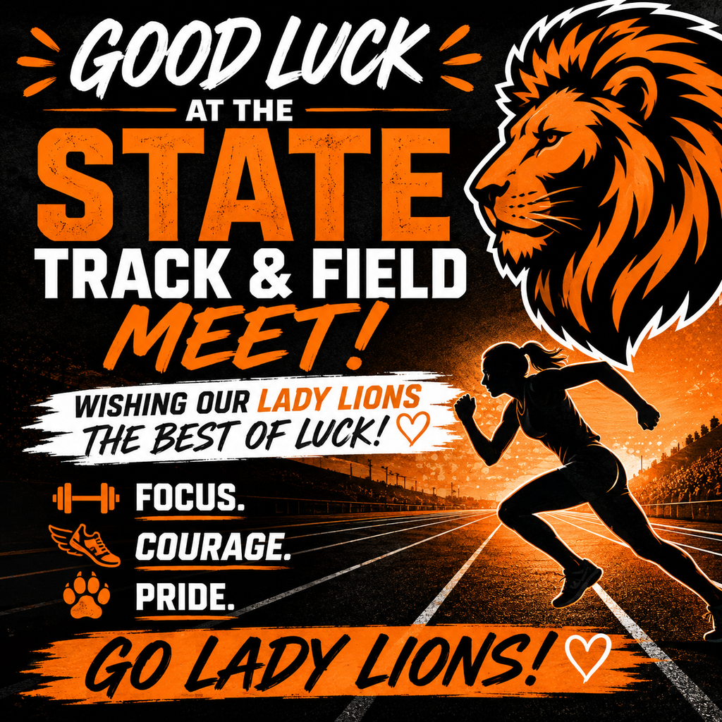 An event poster for a track meet. It features a lion's head, a runner, and text in large bold letters.