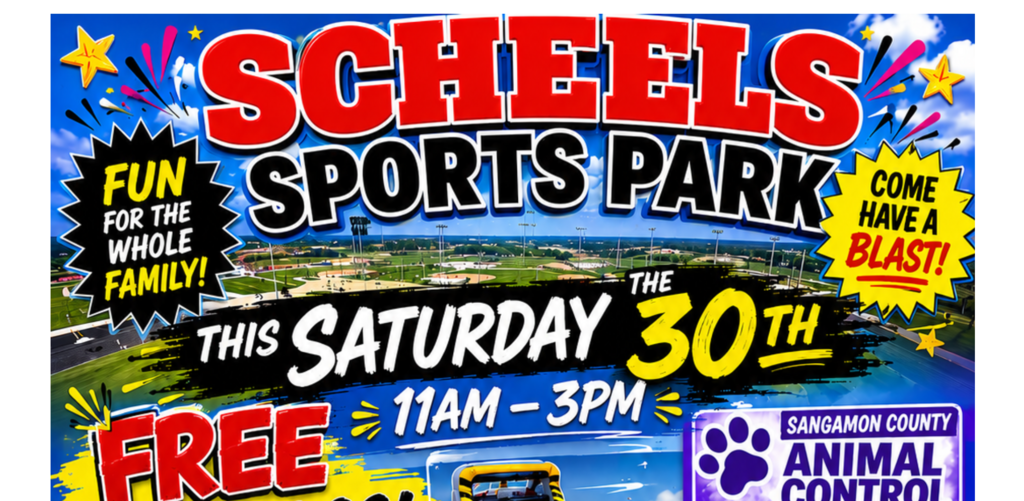 A poster advertises Scheels Sports Park with a landscape view, emphasizing a family-friendly event.