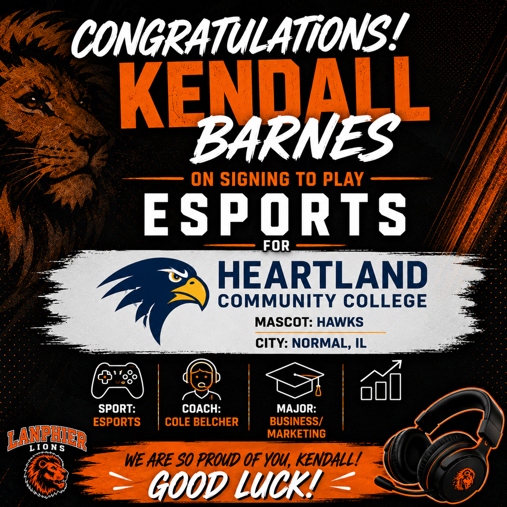 An advertisement for Kendall Barnes. An image of a lion, a mascot, and a gaming headset. Background: black with orange and white text.