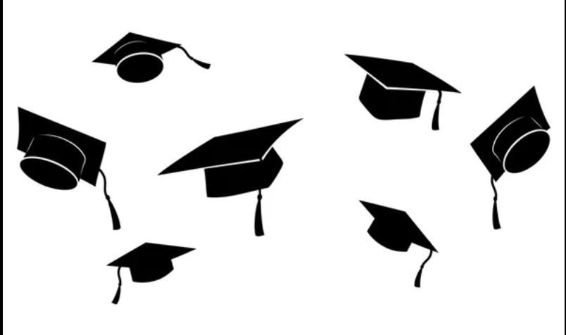 Silhouettes of graduation caps float in mid-air, each one pointing in different directions.
