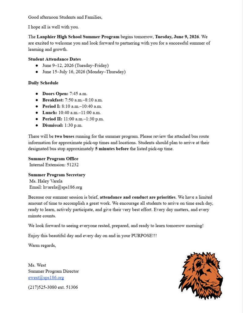 Document with a lion image and text detailing the schedule and details for the Lemphier High School Summer Program, starting June 9, 2024.