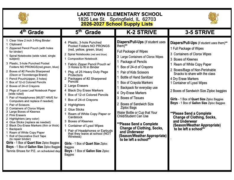 School Supply List 4- 3-5 Strive