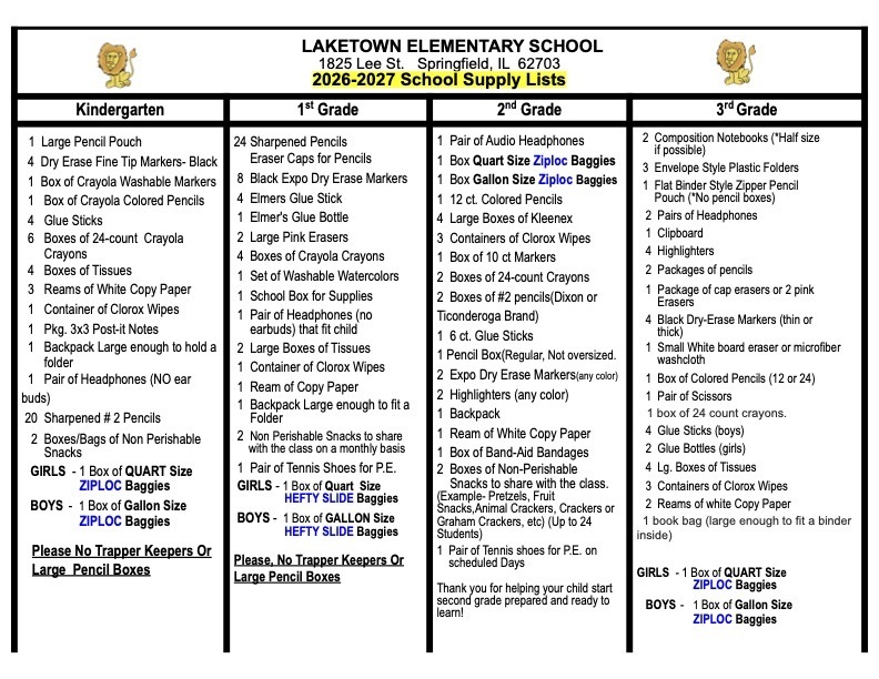 School Supply List K-3