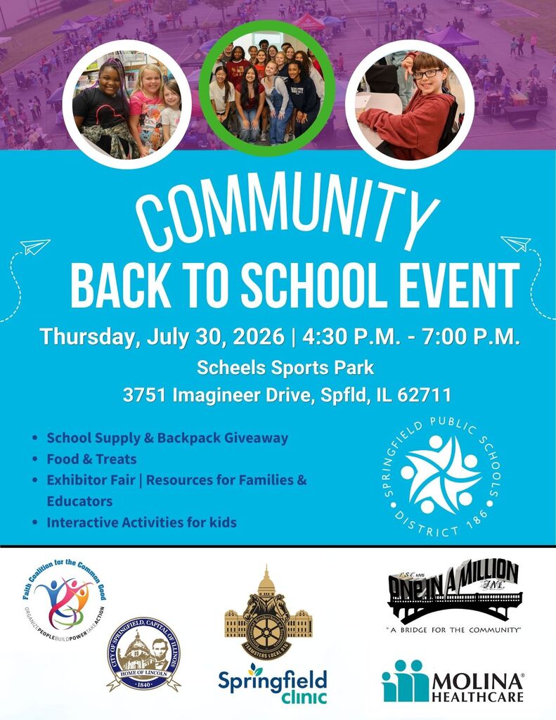A flyer for the Community Back to School Event at Scheels Sports Park on July 30, 2026. Activities include giveaways, food, and resources.