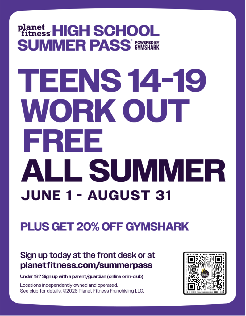 A promotional poster for a high school summer pass at Planet Fitness. It features bold blue and white text.