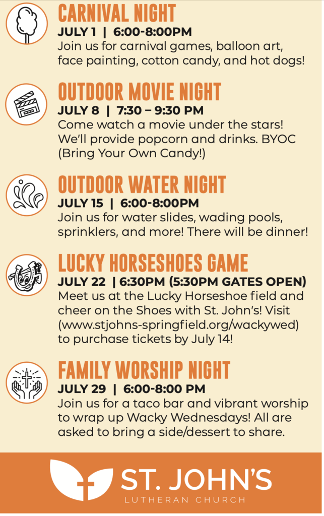 A poster lists community events at St. John's Lutheran Church. Dates, times, and descriptions of each event are provided.