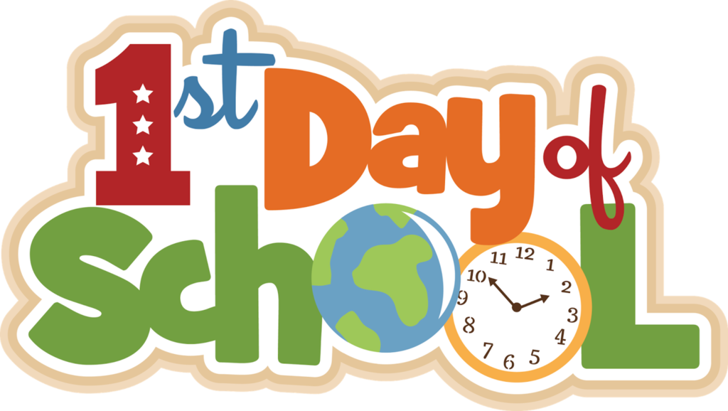 A logo with "1st Day of School" in bold, colorful letters. A globe, a clock, and the number 1 are included.