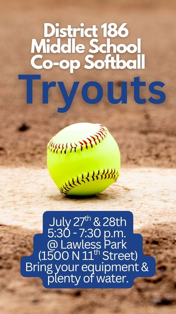 Softball on a dirt field. Dates, times, and location displayed. The dates are July 27th and 28th.