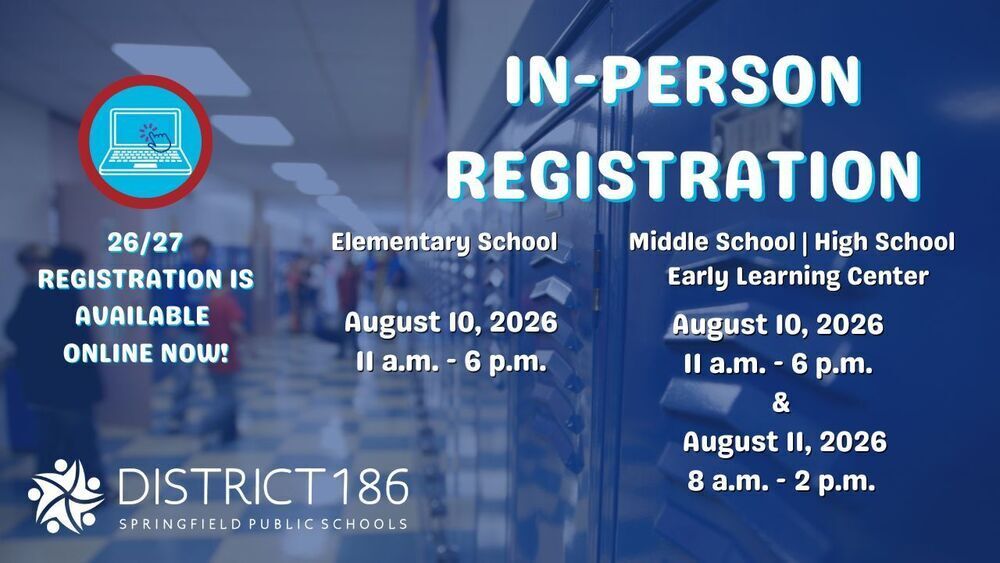 Blue background with white text. 'In-Person Registration' at top, dates, and times below. Logo at bottom left.