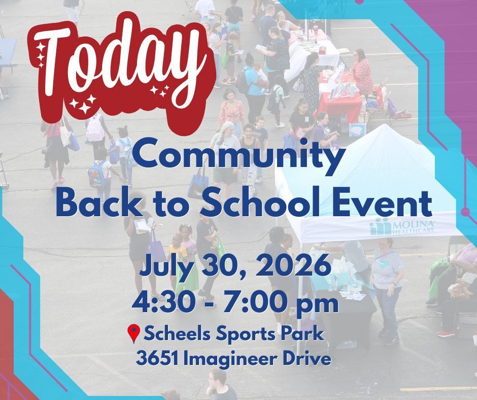 An aerial view of a bustling event. Many people are present with some near tents. The event is Today Community Back to School Event on July 30, 2026.