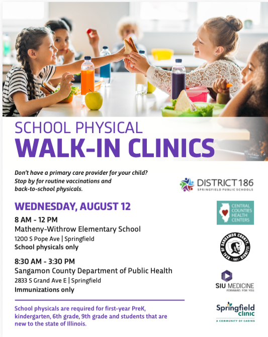 Poster for School Physical Walk-In Clinics. It lists dates and locations for children to get school physicals.