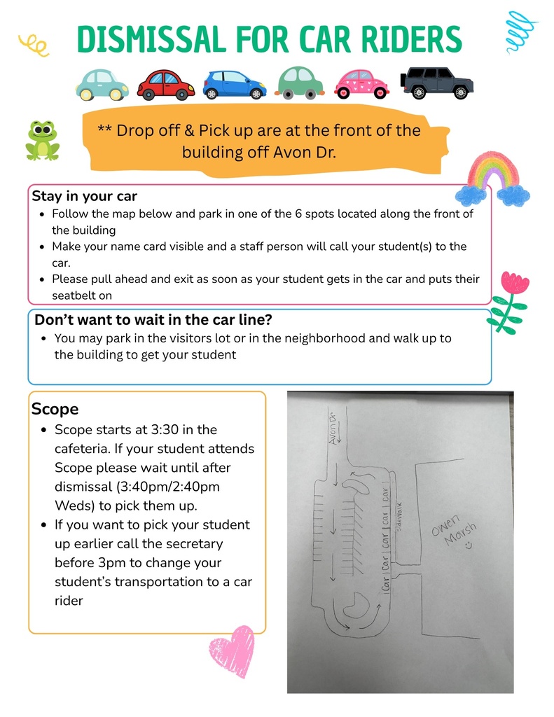 Directions for car riders with text and a map, instructions on how to drop off and pick up students.