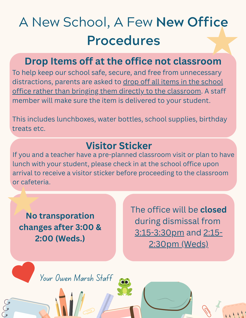 A colorful graphic with text and icons about new school procedures. Icons include a star, backpack, and books.