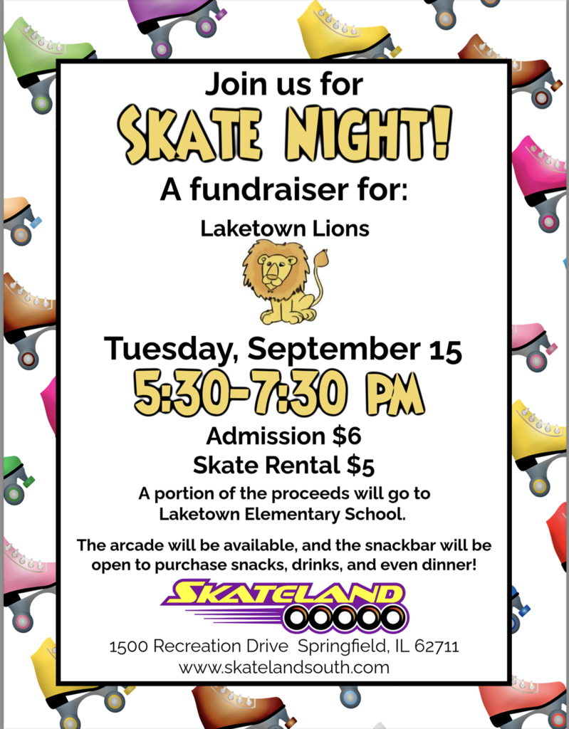 Colorful flyer inviting families to our skate night fundraiser.