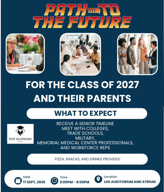 A flyer with blue and white colors features meeting details for the class of 2027 and their parents.