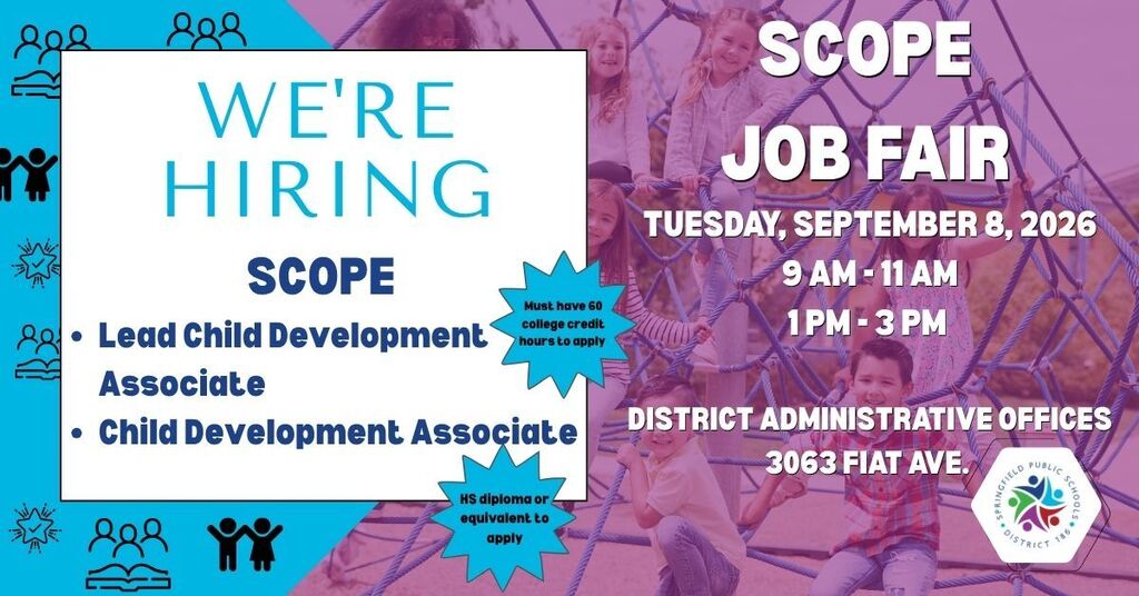 A poster for a job fair has a blue and purple background. It reads "We're Hiring" and lists job openings.
