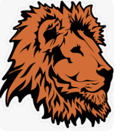 A lion's head sticker, featuring detailed facial features and mane, in shades of orange and black.