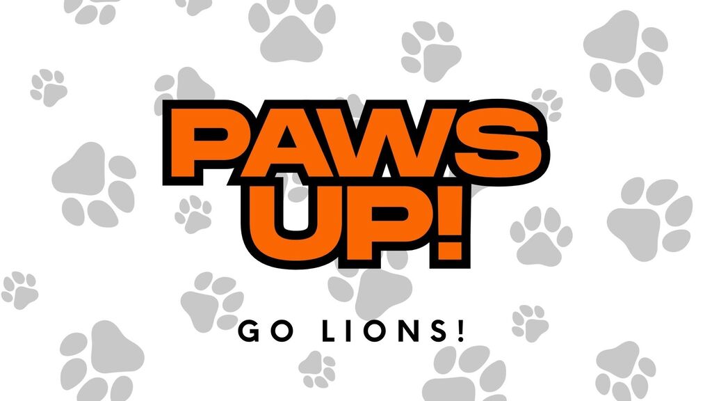 Logo with "PAWS UP!" and "GO LIONS!" text on a white background with gray paw prints.