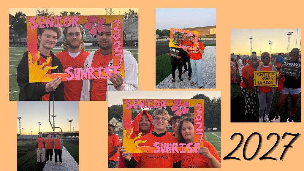 A collage of photos includes people wearing red shirts and holding signs that say "Senior Sunrise".