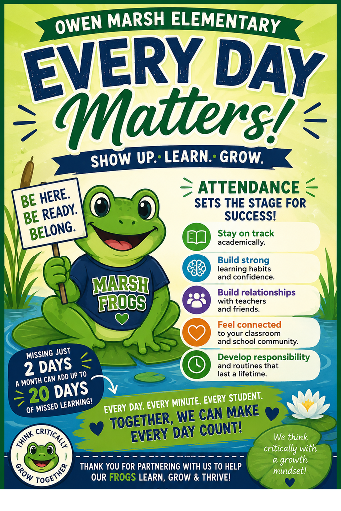Green frog mascot holding a sign reading "Be Here. Be Ready. Belong." with text "Every Day Matters" on green background.