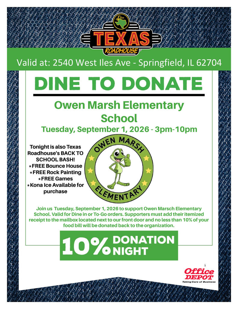 Flyer for Dine to Donate at Texas Roadhouse, September 1, 2026, 3-10 pm. Includes free activities, bounce house, games, and Kona Ice.