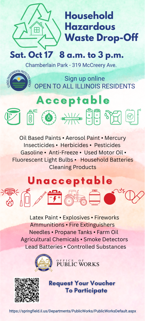 An event poster has green and red sections with icons. The event is a Household Hazardous Waste Drop-off. The poster includes dates and location.