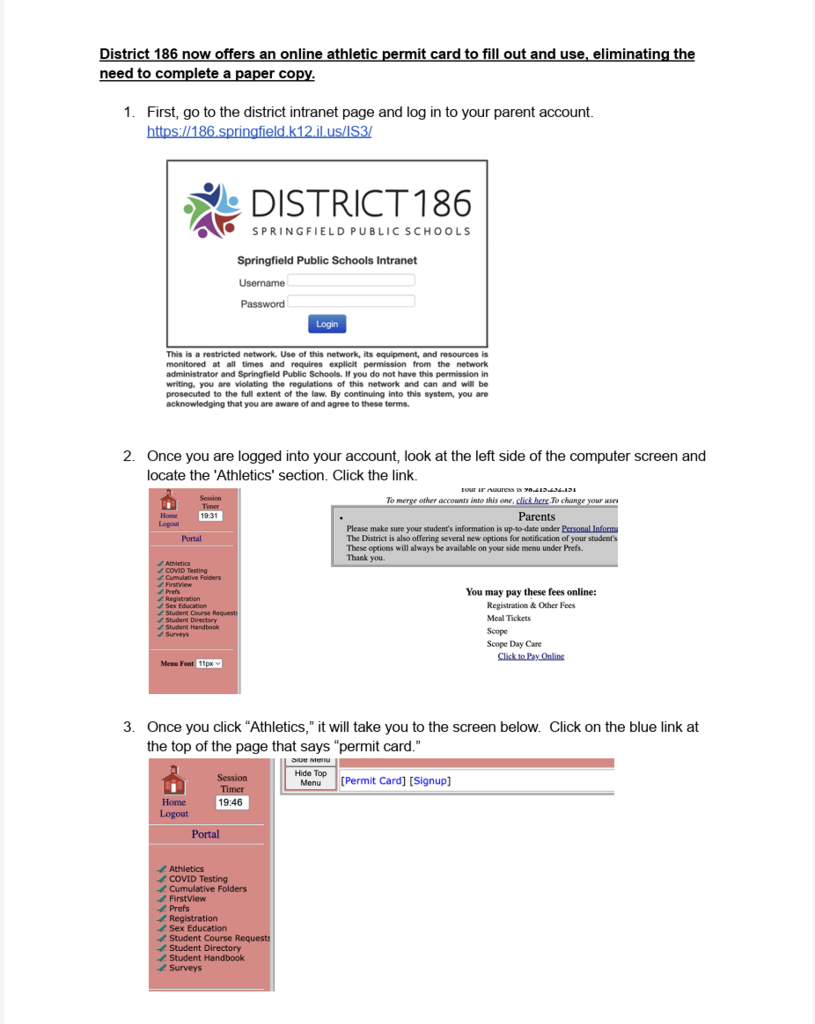 A guide displays three steps with screenshots and instructions on how to access and fill out an online athletic permit card.