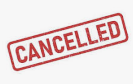 White background with a red rectangle stamp. Text "CANCELLED" in bold black font, giving an official stamp appearance.