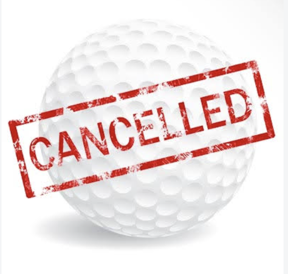 A white golf ball with dimples has "CANCELLED" in red letters on the front. White background.